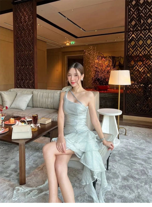 Pretty A Line One Shoulder Light Sky Blue Chiffon Short Mini Formal 8th Grade Homecoming Dresses Summer Middle School Hoco Dress Homecoming Outfits DH998