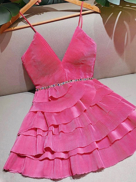 Sexy A Line Spaghetti Straps Pink Sleeveless Mini Short Formal 8th Grade Homecoming Dresses Summer Middle School Hoco Dress Homecoming Outfits Birthday Outfit DH999