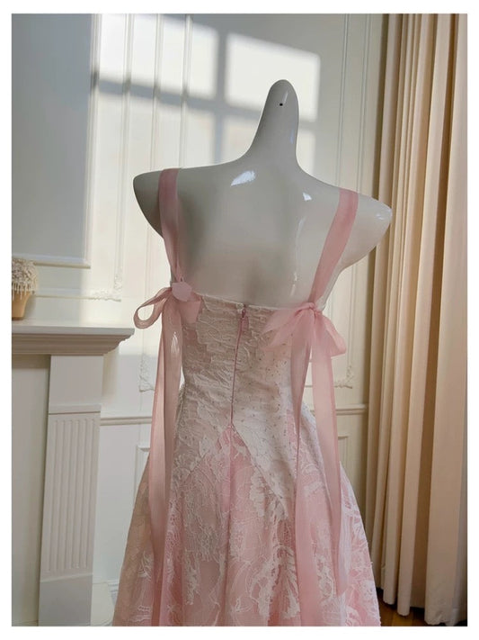 Lindos vestidos de fiesta formales de encaje rosa con escote cuadrado y corte A para octavo grado, vestido de verano para escuela secundaria, atuendos para fiesta de bienvenida DH99