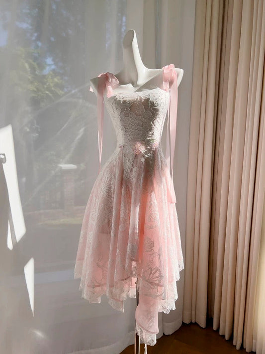 Lindos vestidos de fiesta formales de encaje rosa con escote cuadrado y corte A para octavo grado, vestido de verano para escuela secundaria, atuendos para fiesta de bienvenida DH99