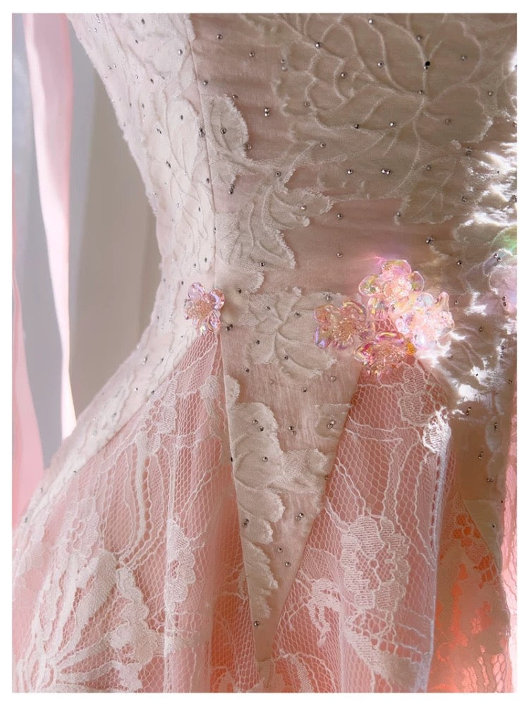 Lindos vestidos de fiesta formales de encaje rosa con escote cuadrado y corte A para octavo grado, vestido de verano para escuela secundaria, atuendos para fiesta de bienvenida DH99