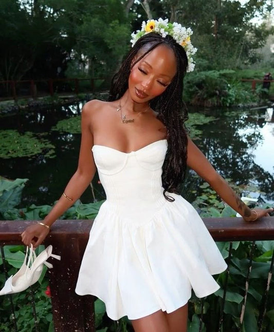 Vestido corto de verano con escote en forma de A, blanco, con escote en forma de corazón, para cumpleaños, ideal para fiestas de 19 años, DP1003