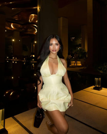 Vestido corto de satén amarillo con cuello halter y corte A para cumpleaños de verano, estilo Hoco, para fiesta de 18 años, DP1017