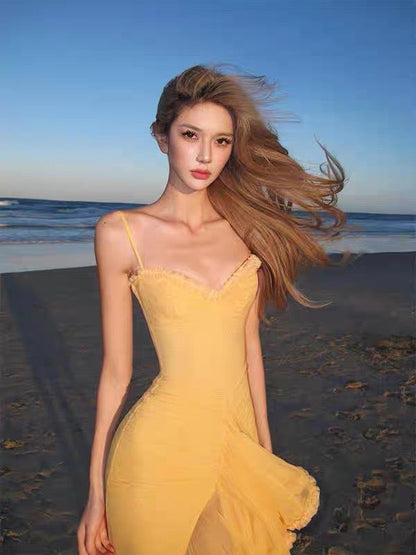 Vestido amarillo largo de fiesta con tirantes finos, sexy, para cumpleaños, verano, DP1024