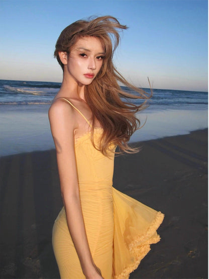 Vestido amarillo largo de fiesta con tirantes finos, sexy, para cumpleaños, verano, DP1024