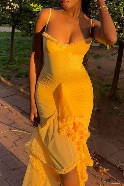Vestido amarillo largo de fiesta con tirantes finos, sexy, para cumpleaños, verano, DP1024