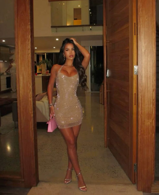 Vestido corto de verano con escote en V color champán, sexy, para cumpleaños, minivestido de fiesta para 19.º cumpleaños, DP1025