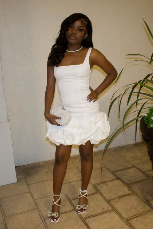 Vestido corto de verano con tirantes finos, de satén blanco y volantes, estilo Hoco, para cumpleaños de 18 años, minivestido de fiesta DP1038