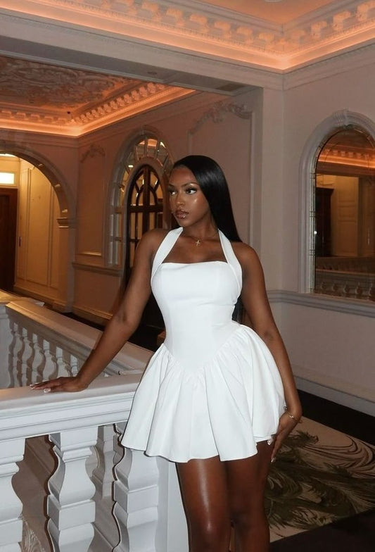 Vestido corto de satén blanco con cuello halter y corte en A, sexy, para cumpleaños de verano, minivestido de fiesta para 18 años, DP1041