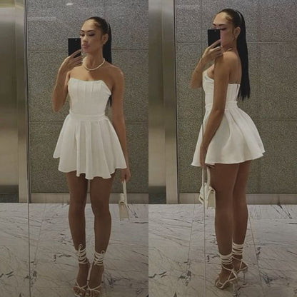 Vestido corto de satén blanco sin tirantes, sexy, de verano, para cumpleaños, minivestido de fiesta para 18 años, DP1046