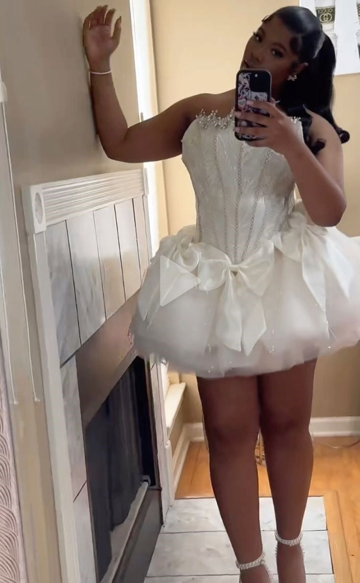 Vestido corto de verano de tul blanco sin tirantes, sexy, para cumpleaños, para 18.º cumpleaños, minivestido de fiesta DP1047