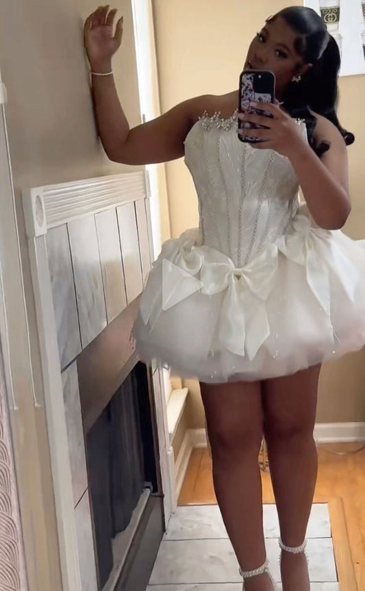 Vestido corto de verano de tul blanco sin tirantes, sexy, para cumpleaños, para 18.º cumpleaños, minivestido de fiesta DP1047