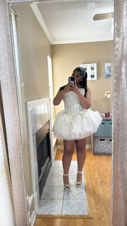 Vestido corto de verano de tul blanco sin tirantes, sexy, para cumpleaños, para 18.º cumpleaños, minivestido de fiesta DP1047