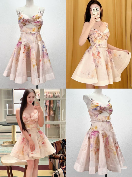 Vestido corto de verano con tirantes finos, sexy, con estampado floral rosa, para cumpleaños, para fiesta de 18 años, DP1051