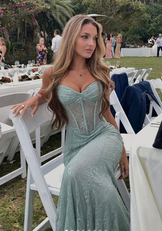 Vestido largo de sirena con encaje verde sexy para cumpleaños, vestido de fiesta, atuendo de verano para cumpleaños, DP1056