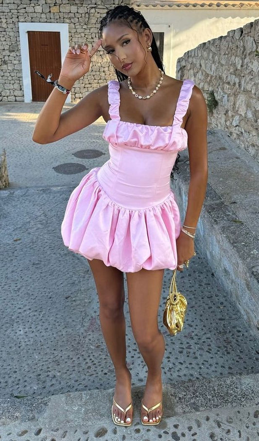 Vestido corto de satén rosa con escote cuadrado y corte en A, sexy, para cumpleaños de verano, minivestido de fiesta para 18 años (DP1080)