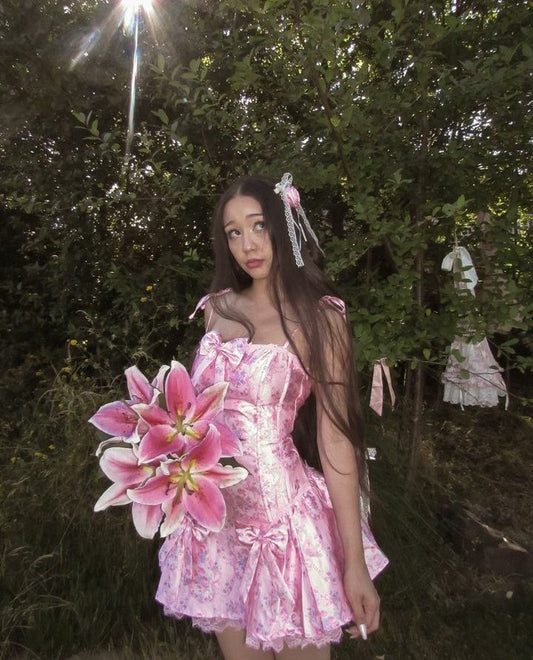 Vestido corto de satén rosa con tirantes finos y estampado floral, estilo Hoco, para cumpleaños de verano, minivestido de fiesta para 18 años, DP1084