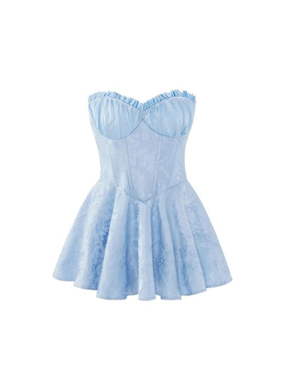 Vestido corto de verano con encaje azul, sin tirantes y corte A, para cumpleaños, ideal para fiestas de 18 años, DP1087