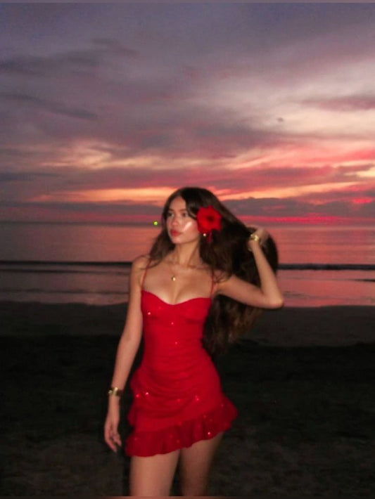 Vestido corto de verano con tirantes finos y lentejuelas rojas, vestido de fiesta de cumpleaños, minivestido de fiesta para 18 años, DP1089