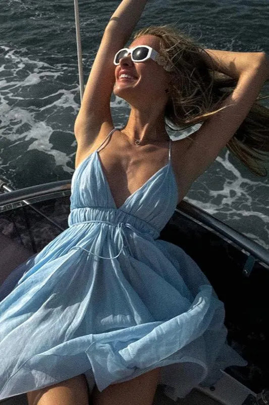 Vestido corto azul de verano con tirantes finos, corte A, espalda descubierta y escote tipo Hoco, ideal para cumpleaños de 18 años, minivestido de fiesta DP1094