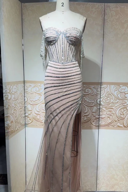 Vestido largo de sirena sexy con hombros descubiertos color champán para cumpleaños, vestido de fiesta, atuendo de verano para cumpleaños, DP1120