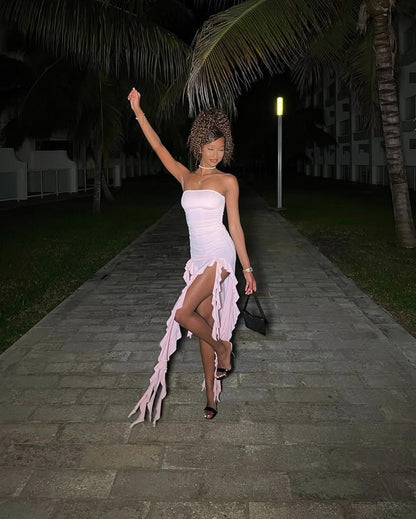 Elegante vestido rosa largo sin tirantes para cumpleaños, vestido de fiesta, atuendo de verano para 20 cumpleaños, DP1121