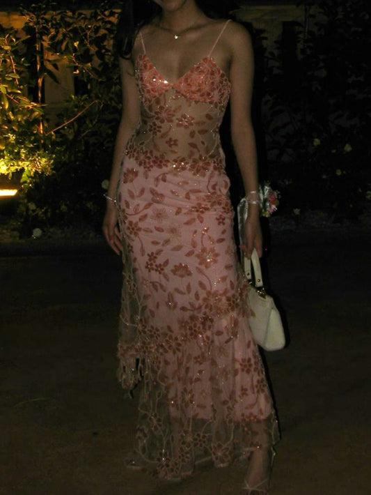Elegant Mermaid Spaghetti Straps Sequin Pink Long Birthday Dress Prom Dress Baddie Summer 20th Birthday Outfit DP1129