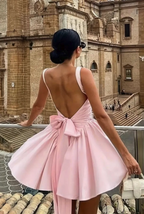 Vestido camisola elegante de verano sin mangas con lazo en la espalda y escote cuadrado, vestido de cumpleaños, minivestido de cóctel para 19.º cumpleaños, DP1138