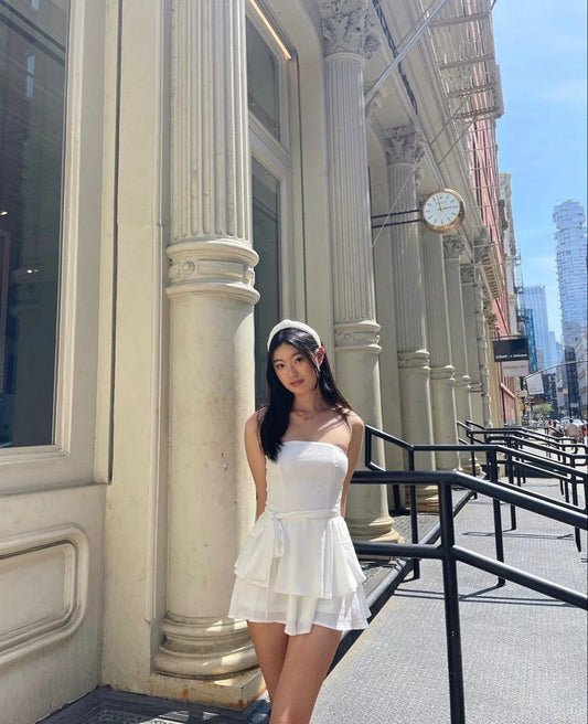Vestido de fiesta de verano de gasa blanca, sin tirantes, corte A, sin mangas, para cumpleaños, minivestido de cóctel para 19.º cumpleaños, DP1142