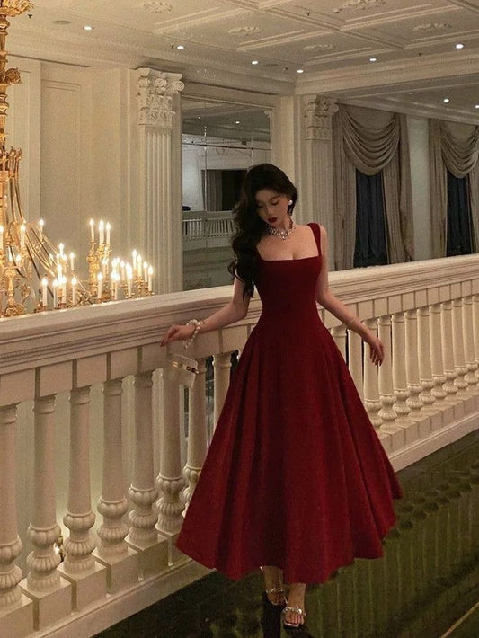 Impresionante vestido largo burdeos de fiesta para 21 cumpleaños, corte A y escote cuadrado, DP1155