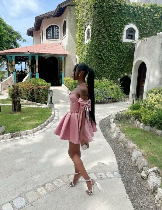 Pretty A line Off The Shoulder Pink Satin Summer Birthday Dress Hoco Dress Birthday Outfit 19th Birthday Mini Cocktail Dresses DP1156