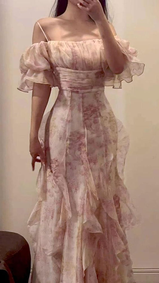 Impresionante vestido largo con tirantes finos y estampado floral rosa para fiesta de cumpleaños número 21, DP1157