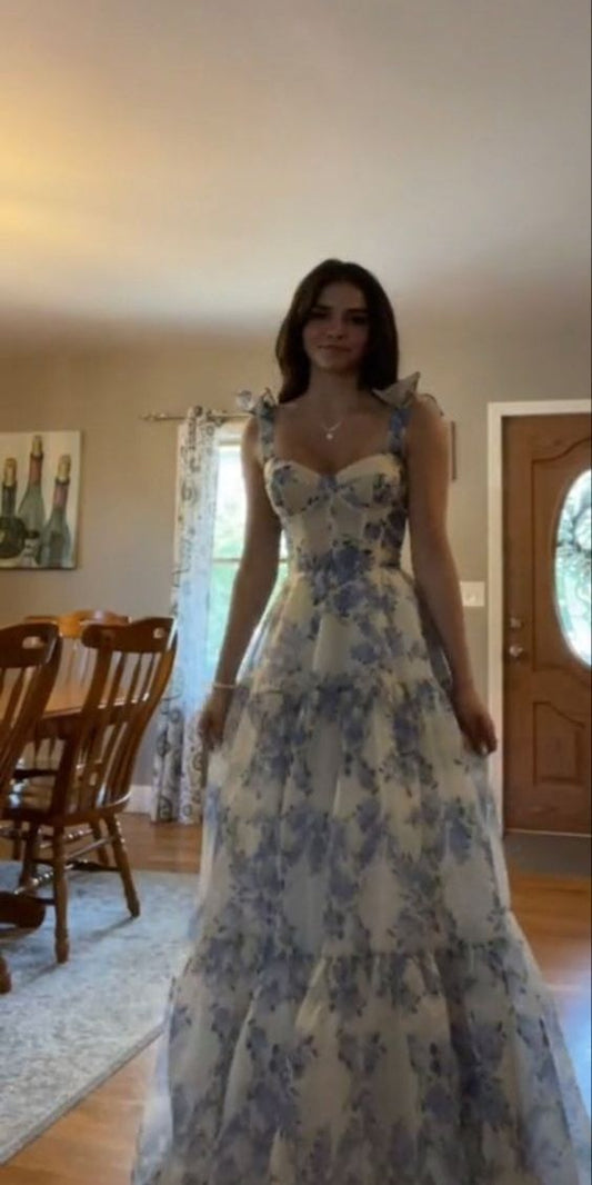 Impresionante vestido largo azul floral con tirantes en forma de A para fiesta de cumpleaños número 21, DP1166