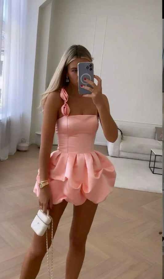 Vestido corto de satén rosa con tirantes finos, sexy, para cumpleaños, para verano, para fiesta de 18 años, DP1167