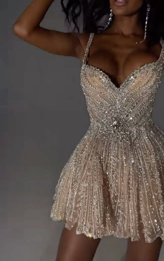 Vestido corto de verano con tirantes finos y lentejuelas color champán para 20 cumpleaños, minivestido de fiesta para 18 cumpleaños, DP1169