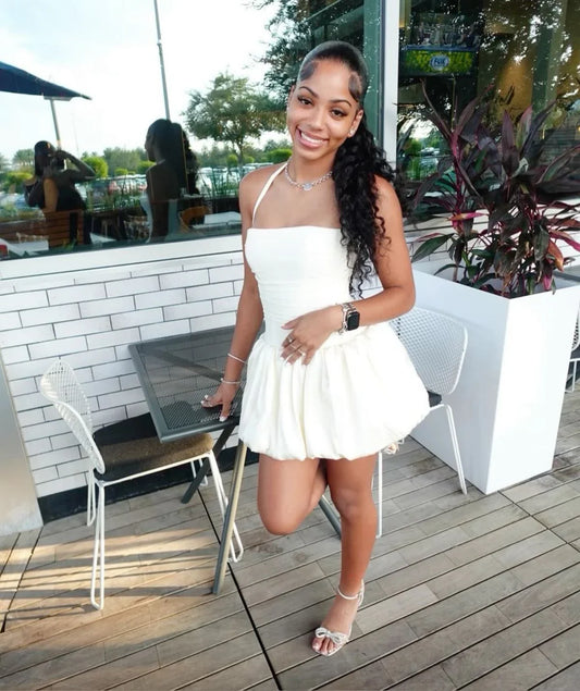 Vestido corto de satén blanco con cuello halter y corte en A, sexy, para cumpleaños de verano, minivestido de fiesta para 16 años, DP1173