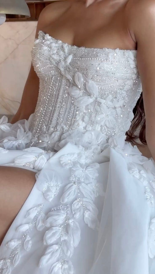 Vestido de novia etéreo, vestido de fiesta sin tirantes, encaje, blanco, con corsé, DP1178