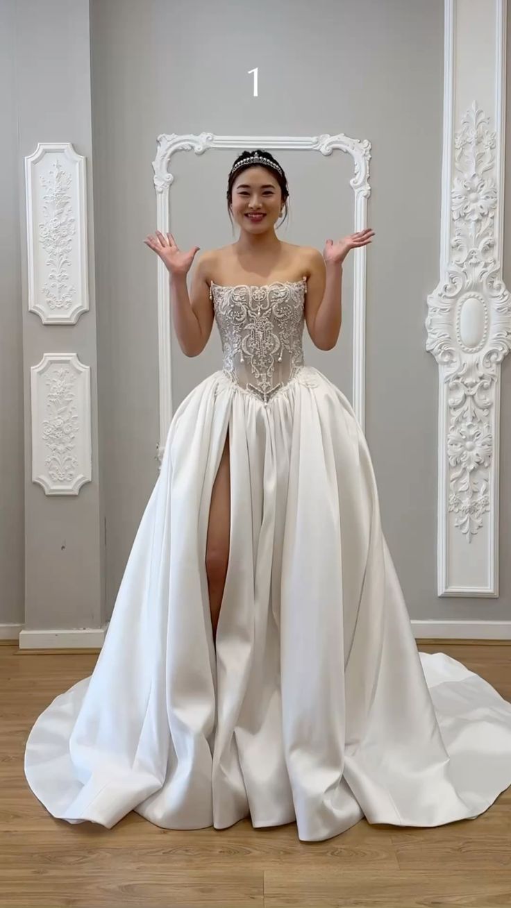 Vestido de novia romántico, vestido de baile, sin tirantes, de satén, con abertura, blanco, vestidos de novia minimalistas DP1179