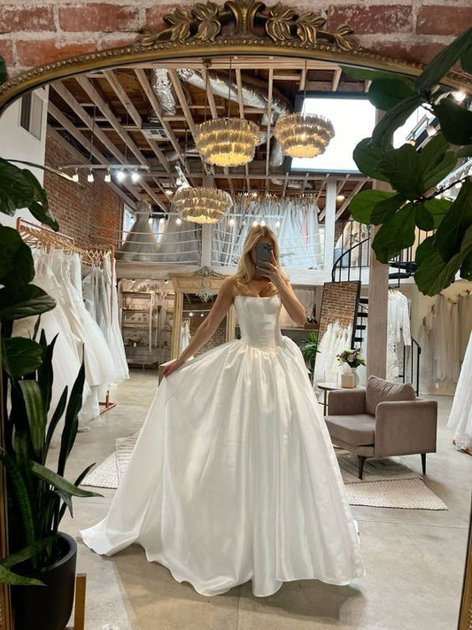 Vestido de novia clásico, vestido de fiesta, sin tirantes, de satén blanco, vestidos de novia minimalistas DP1182