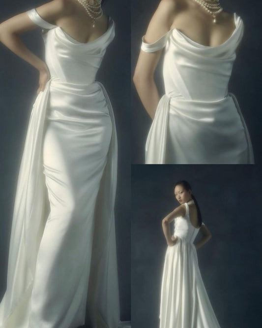 Vestido de novia vintage, vestido de fiesta, hombros descubiertos, satén, vestidos de novia minimalistas DP1184
