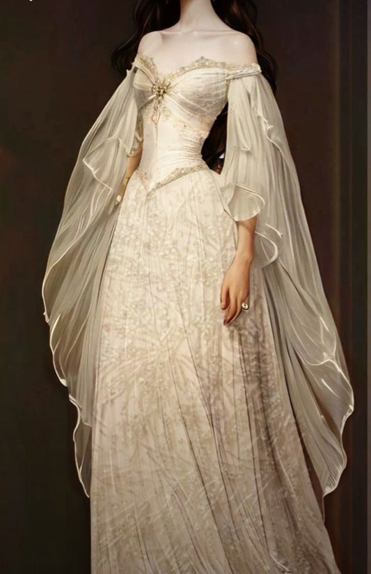 Vestido de novia vintage de corte A con hombros descubiertos, encaje marfil, estilo minimalista, DP1185