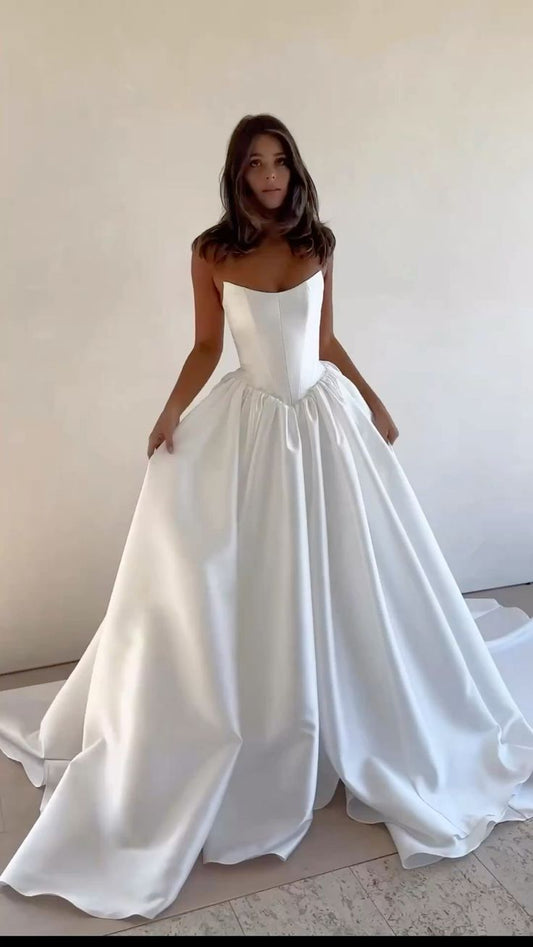 Vestido de novia clásico, vestido de fiesta, sin tirantes, de satén blanco, con abertura, vestidos de novia minimalistas DP1192