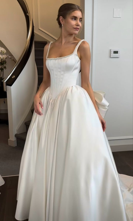 Vestido de novia clásico, vestido de fiesta, escote cuadrado, satén blanco, vestidos de novia minimalistas DP1194