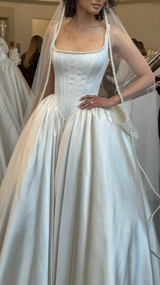 Vestido de novia clásico, vestido de fiesta, escote cuadrado, sin mangas, satén blanco, vestidos de novia minimalistas DH738
