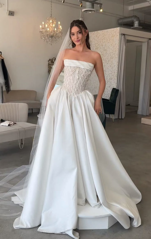 Vestido de novia etéreo, sin tirantes, de satén blanco con cuentas, con corsé, DP1197