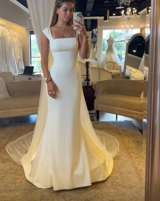 Vestido de novia vintage de corte sirena, cuadrado, de satén blanco, estilo minimalista, DP1205