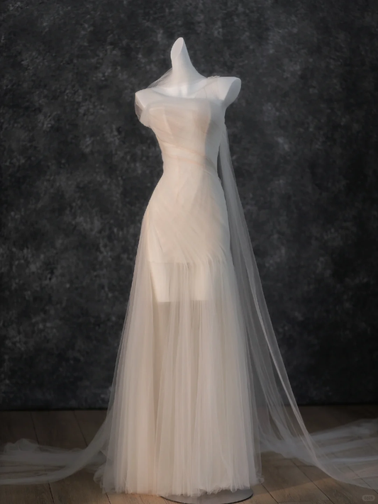 Vestido de novia vintage estilo sirena sin tirantes, de tul blanco y mangas largas, estilo minimalista, DP1207