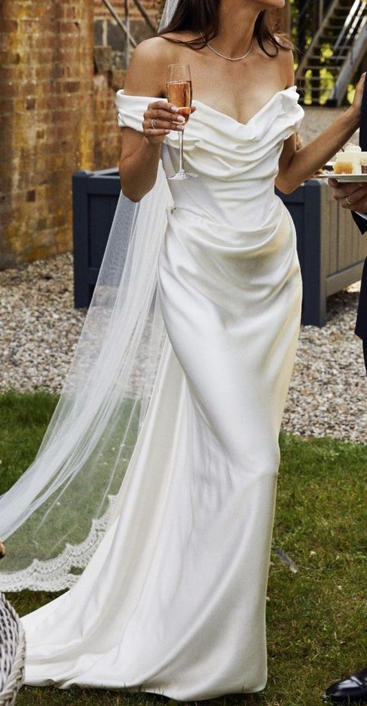 Vestido de novia vintage con hombros descubiertos, de satén blanco, manga corta, estilo minimalista, DP1212