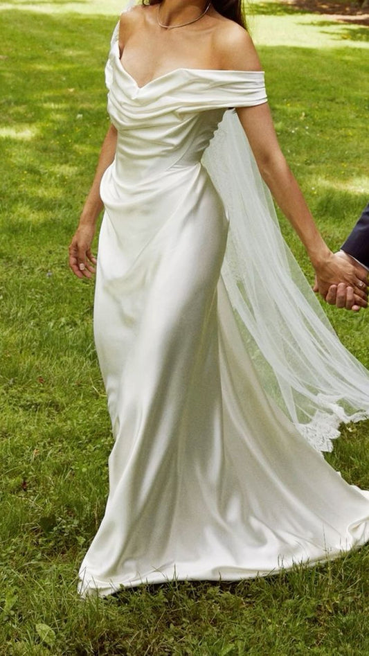 Vestido de novia vintage con hombros descubiertos, de satén blanco, manga corta, estilo minimalista, DP1212