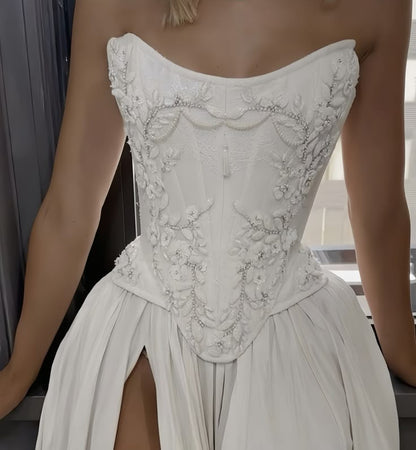 Romantic Bridal Gown A line Sweetheart Satin White Slit Wedding Dresses Minimalist Bridal Gowns DP1214
